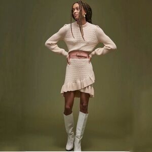 Anthropologie Flat White Cable Knit Cream Ruffle Sweater Dress NWT Size XS